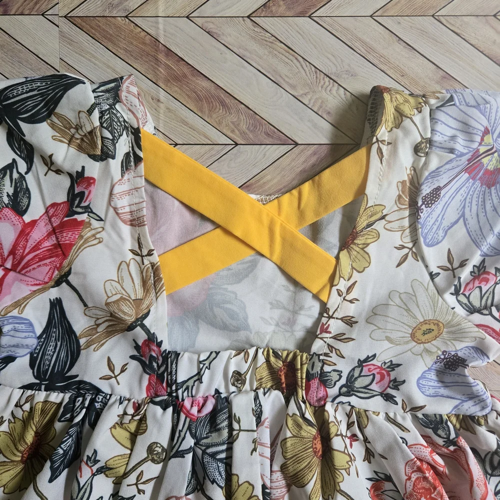 Vintage-Inspired Floral Girl's Dress Boho Garden Party Puff Sleeve Sundress 5-6Y